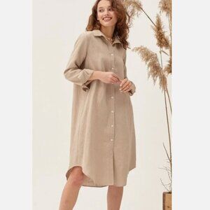 ELF 100% Linen Handmade Midi Shirt Dress Belted Button Small Boho Lagenlook Tan